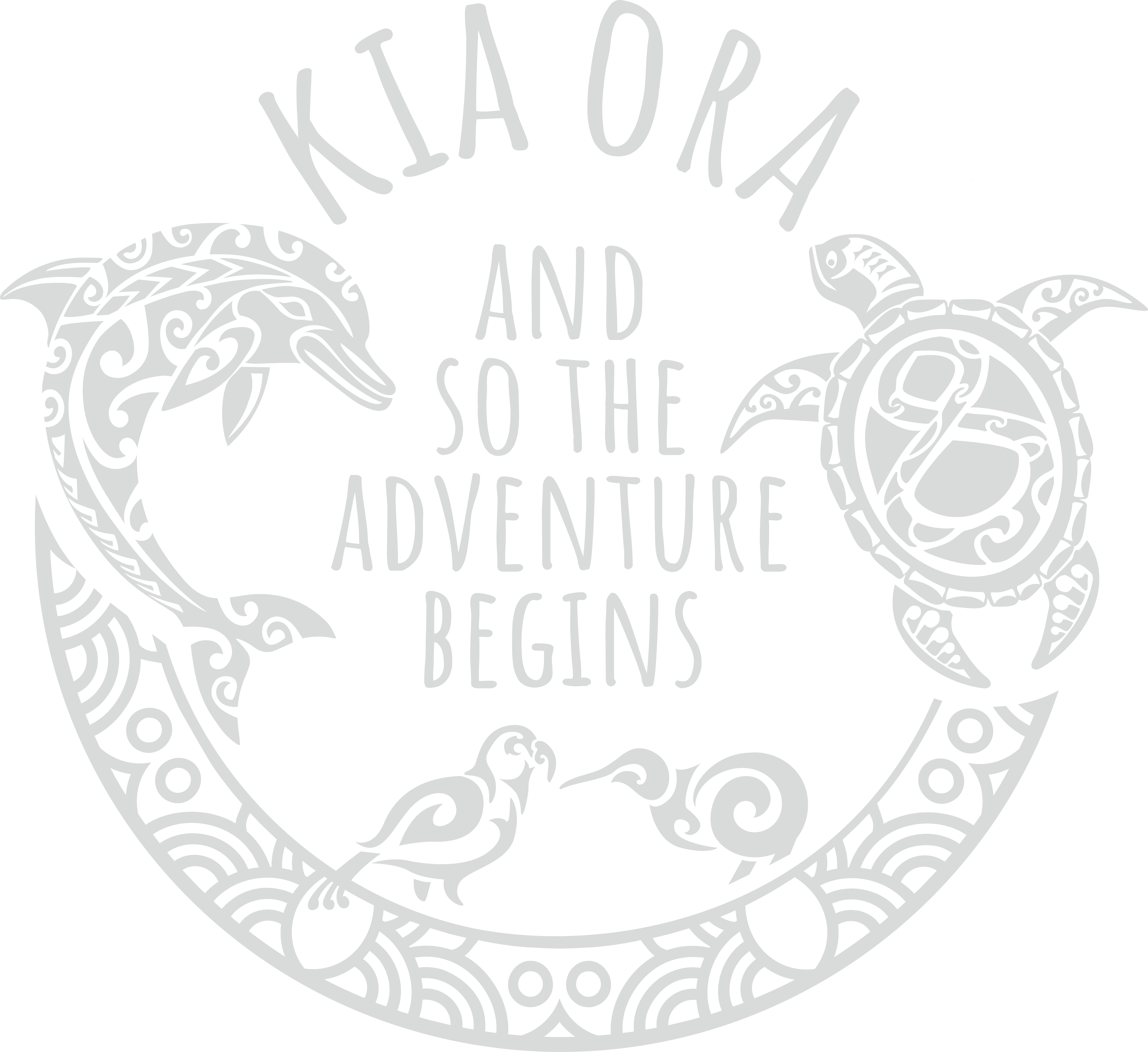 Grafik mit Tieren aus Neuseeland und dem Text: Kia Ora - And so the Adventure begins