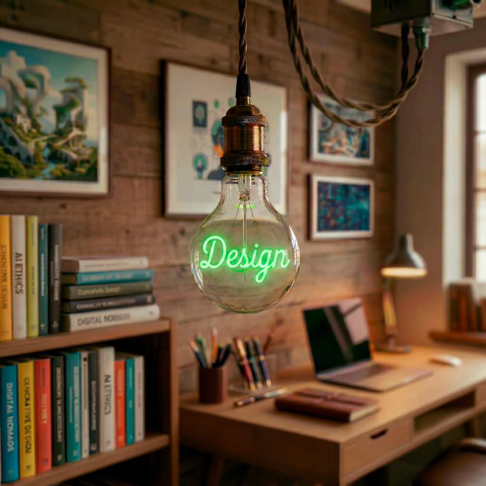  Hängende Glühbirne mit dem Wort Design in Grün als leuchtender Glühfaden, im Hintergrund ein verschwommener Arbeitsplatz in warmen Holztönen mit Schreibtisch, Laptop und Bücherregal